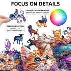 Close-up of cute mushroom cat wooden jigsaw puzzle showing precision-cut irregular animal-shaped pieces and vibrant high-definition printing.