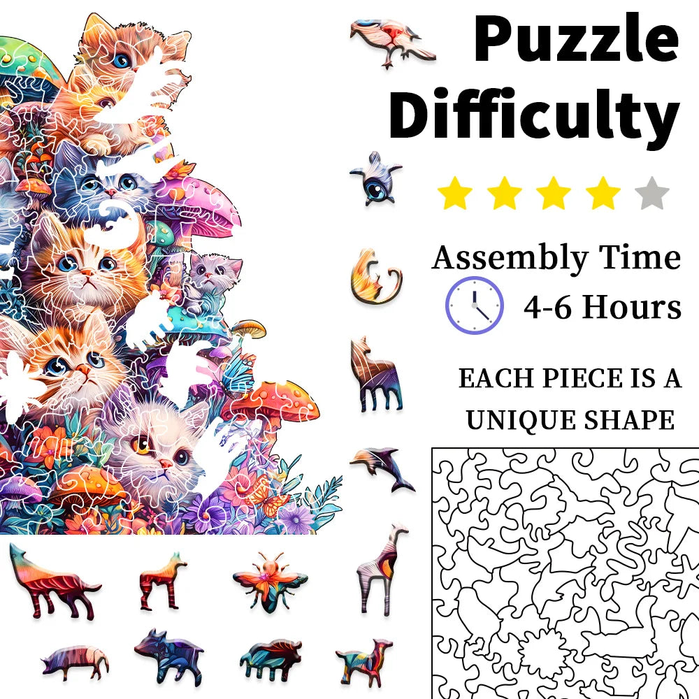 Cute mushroom cat wooden jigsaw puzzle showing difficulty rating, 4–6 hour assembly time, and unique irregular animal-shaped puzzle pieces.