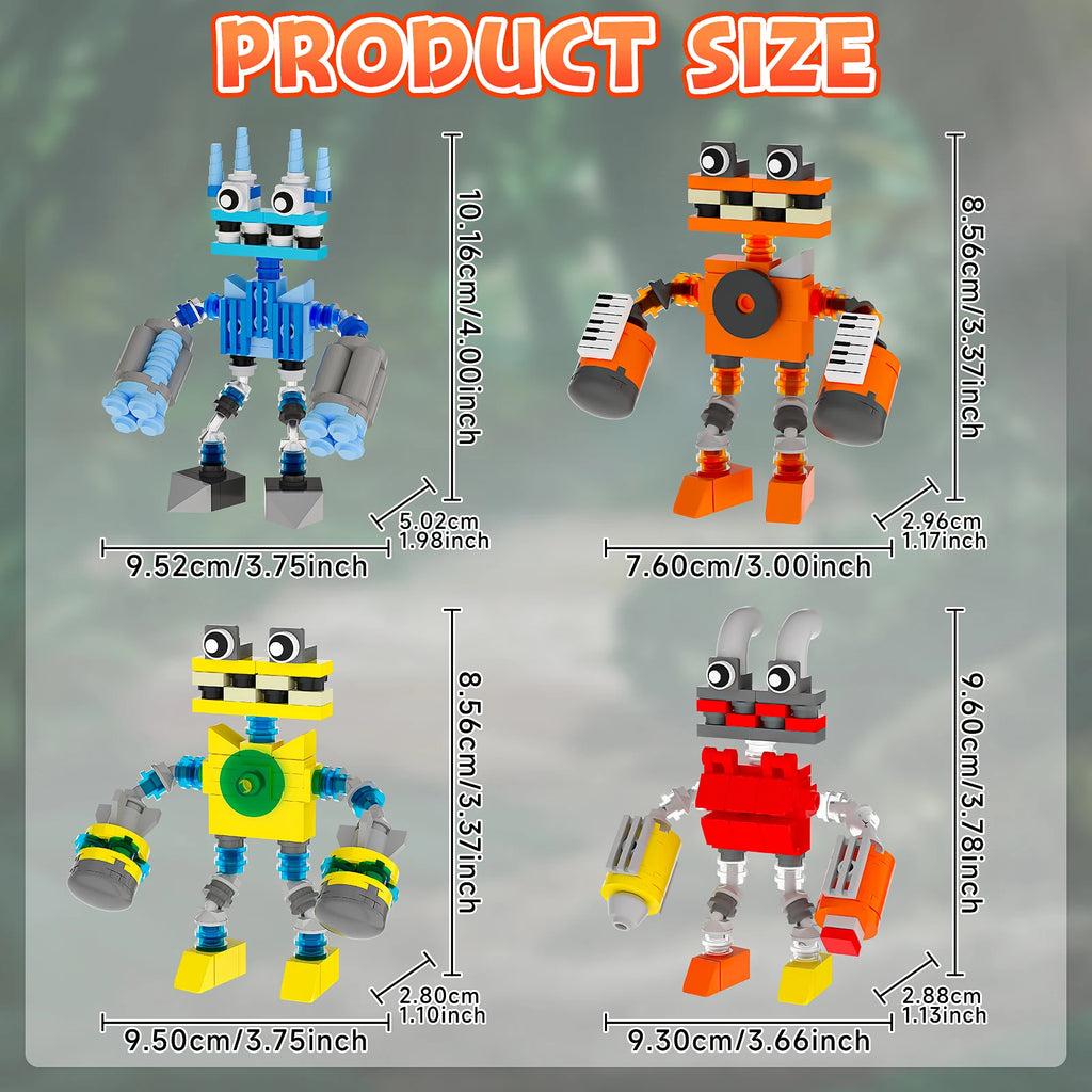 Measurement chart of four robot toy figures with dimensions labeled.