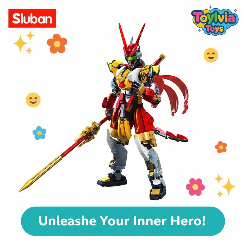 Toy figure with Sluban and Toyivia Toys branding on a white background