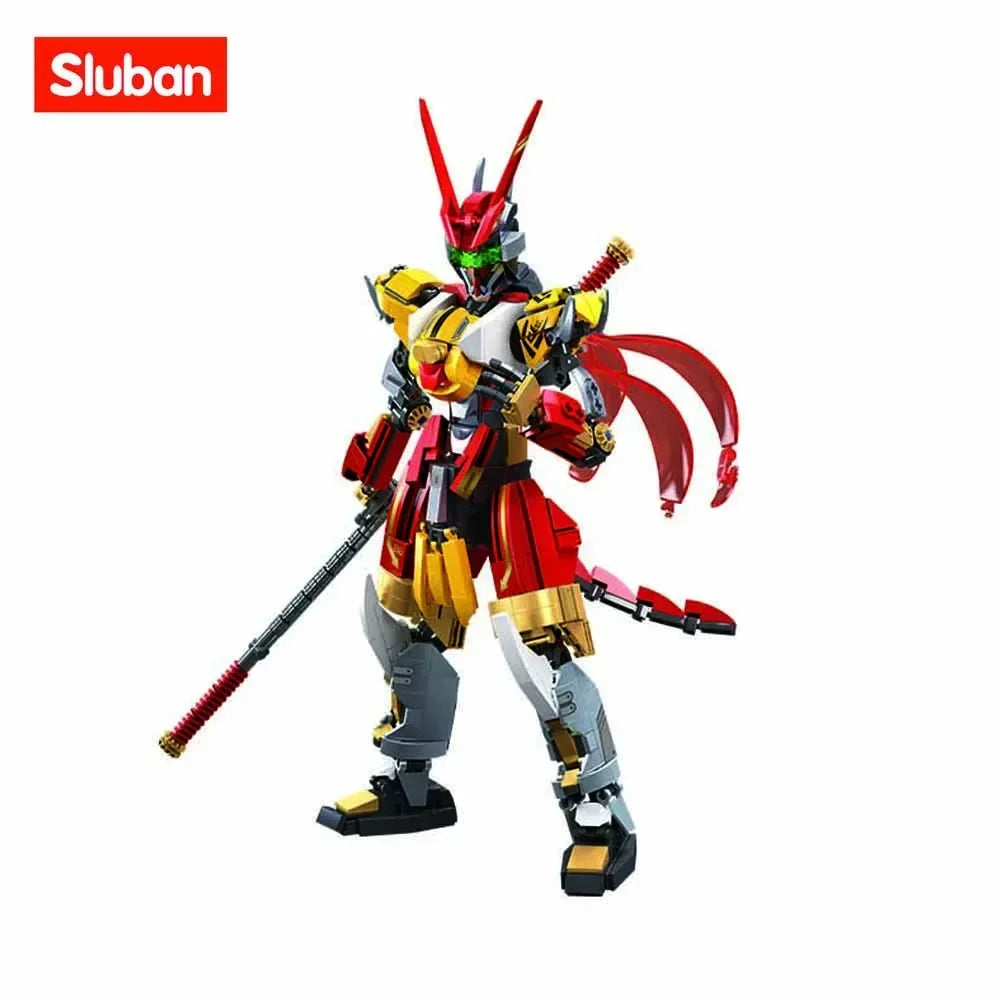 Cyber Wukong mecha robot building blocks with staff weapon