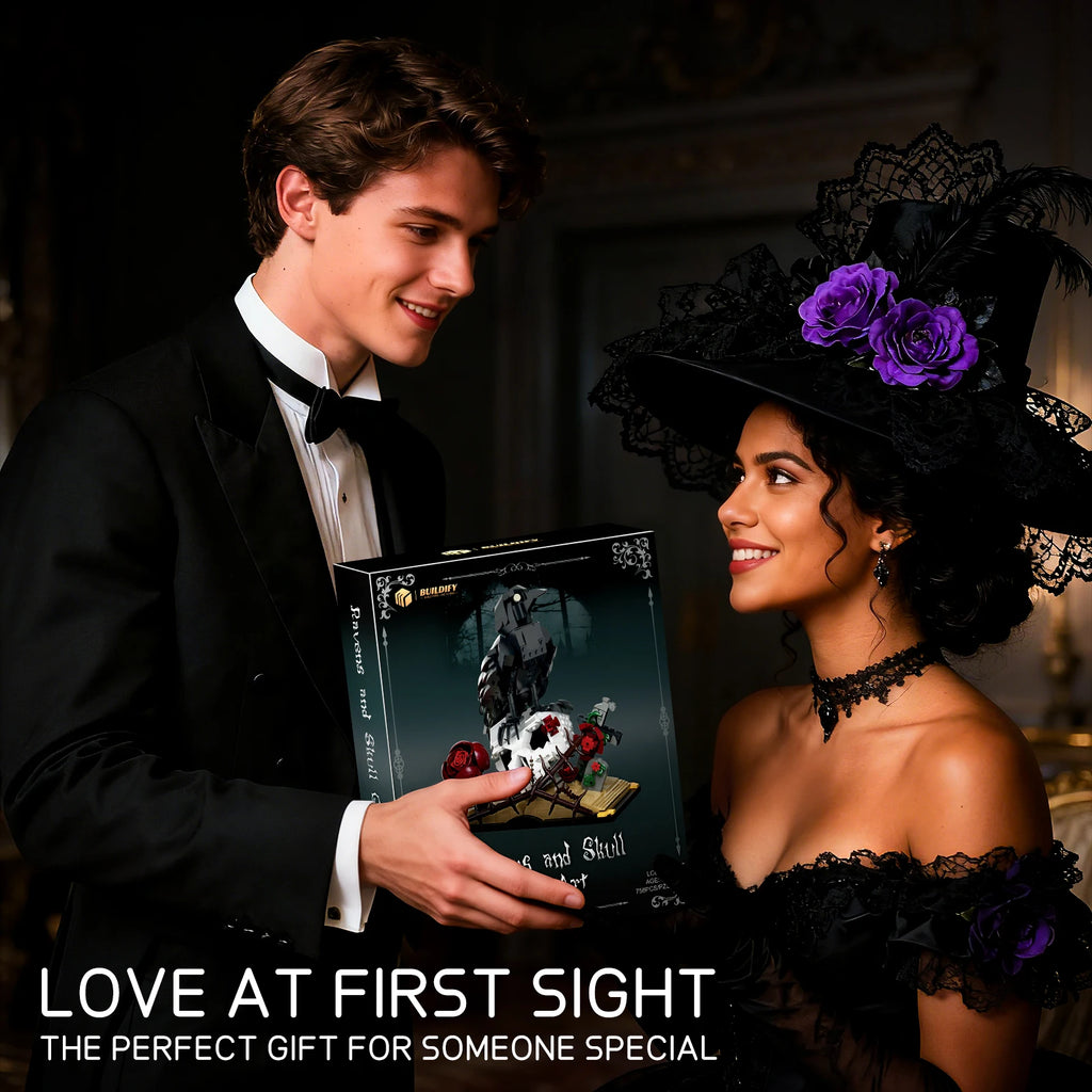 Man in tuxedo holding a box with a woman in a black dress with purple flowers, text 'Love at First Sight'.
