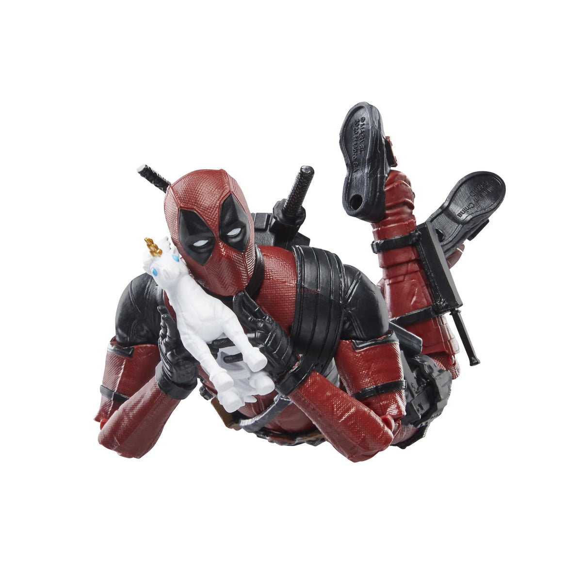 Deadpool action figure in dynamic pose holding white dog accessory
