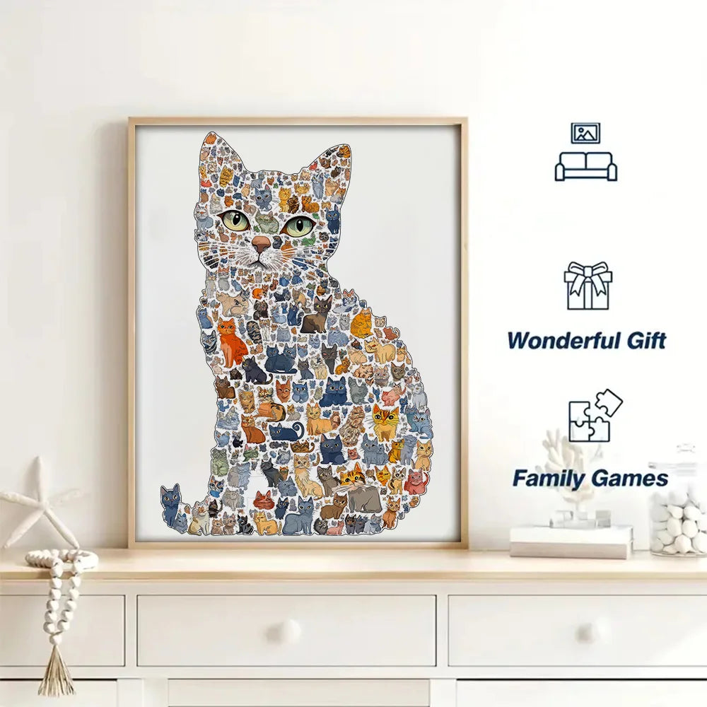 Framed artwork of a cat made from smaller cat illustrations on a wall.