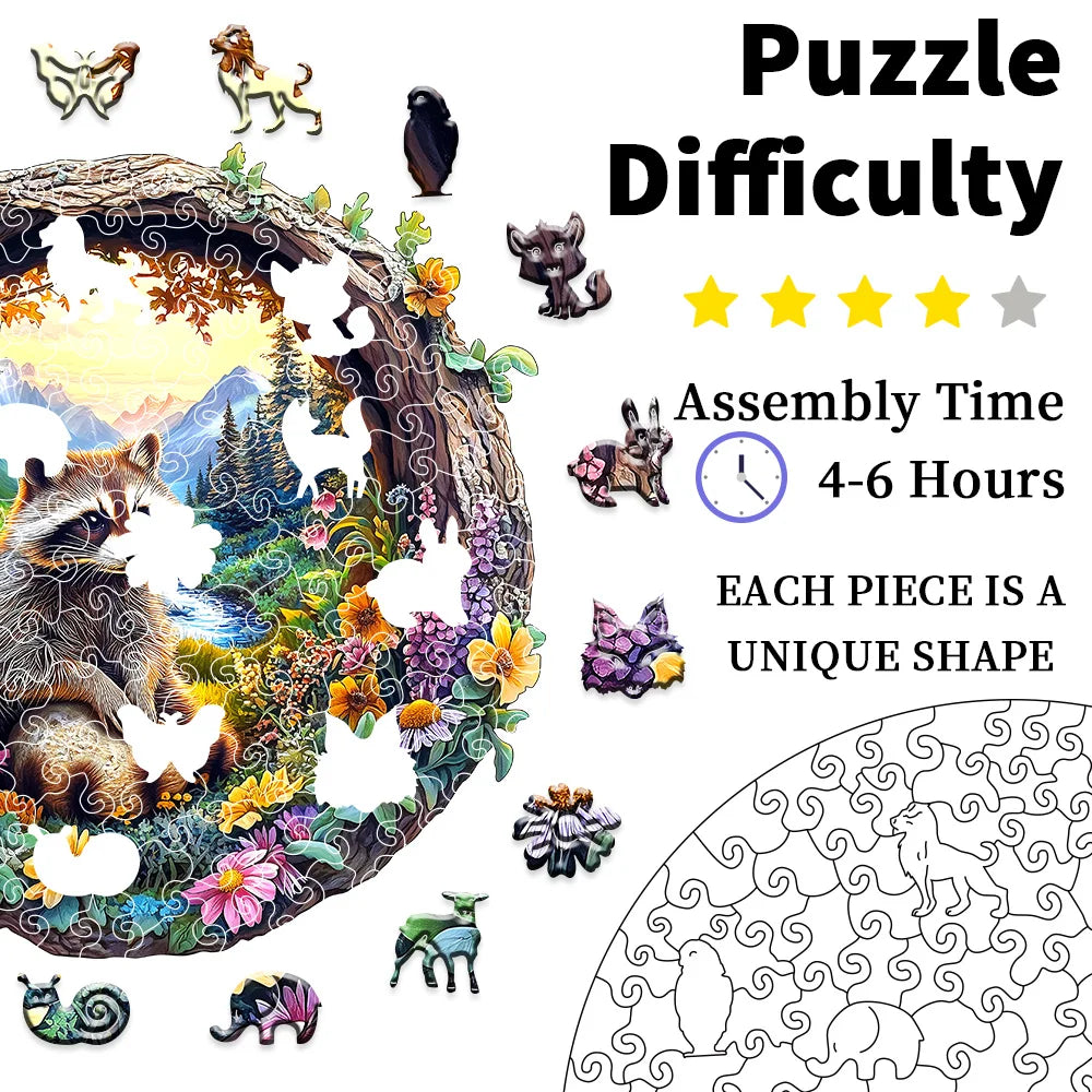 Jigsaw puzzle with animals and nature-themed design, showing assembly time and piece uniqueness.