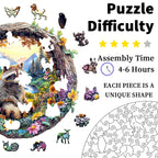 Jigsaw puzzle with animals and nature-themed design, showing assembly time and piece uniqueness.