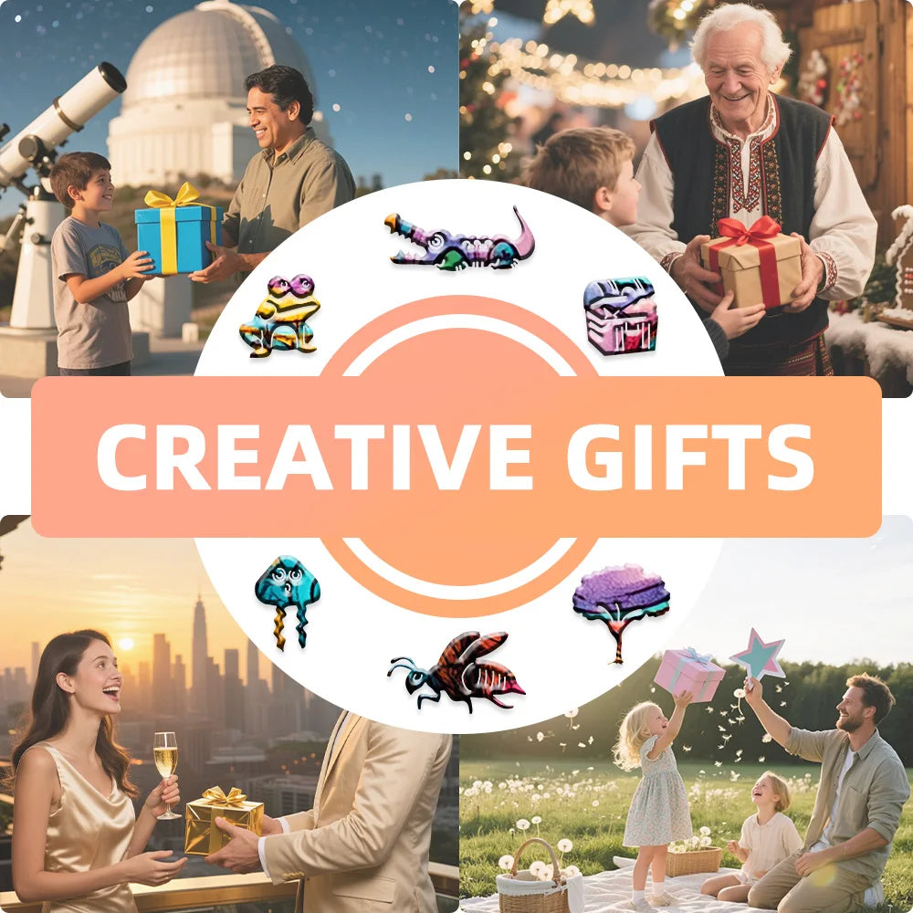 Promotional graphic for 'Creative Gifts' with various gift-giving scenarios.