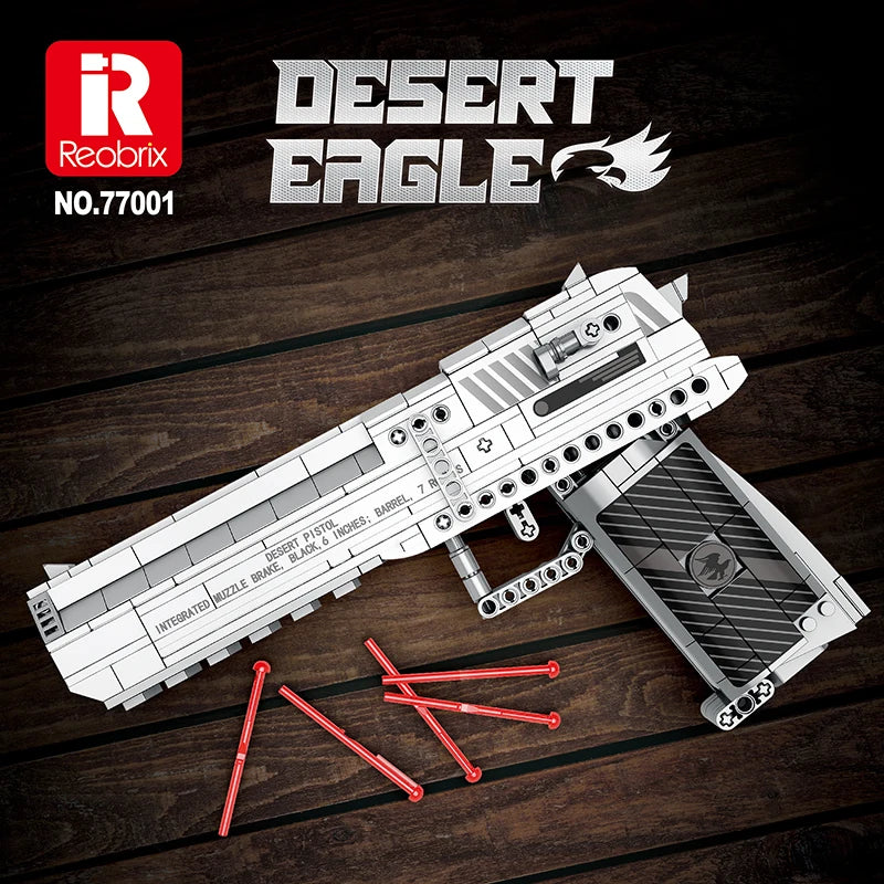 Desert Eagle model building kit by Reobrix on a wooden surface with red pins.