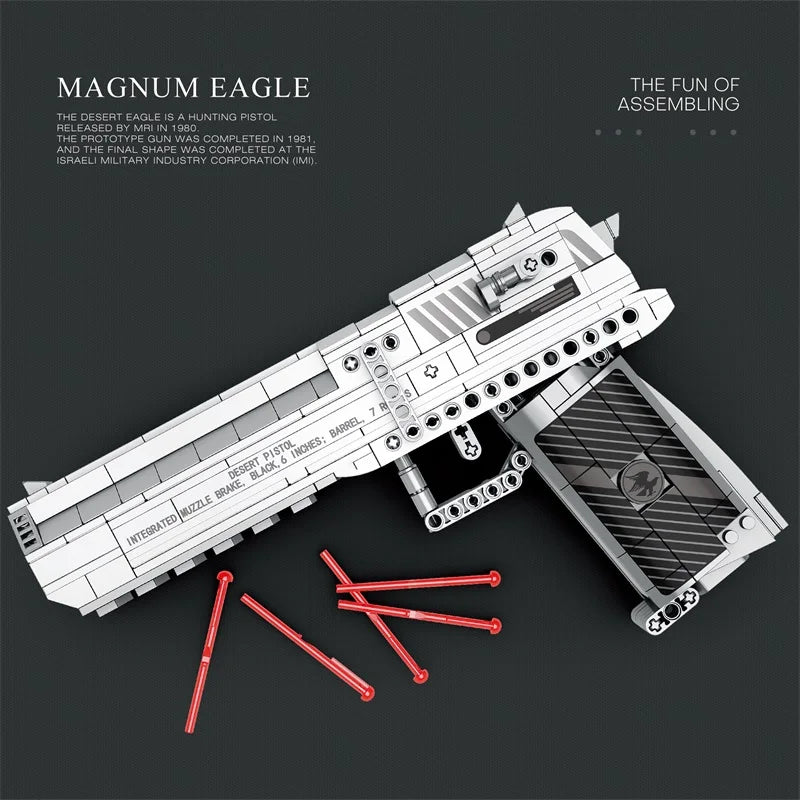Magnum Eagle toy gun assembly kit with red screws on a dark background