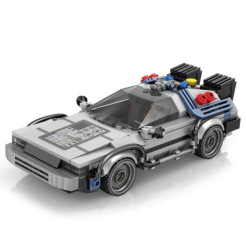 Toy model of a car resembling the DeLorean from Back to the Future made from interlocking bricks on a white background.