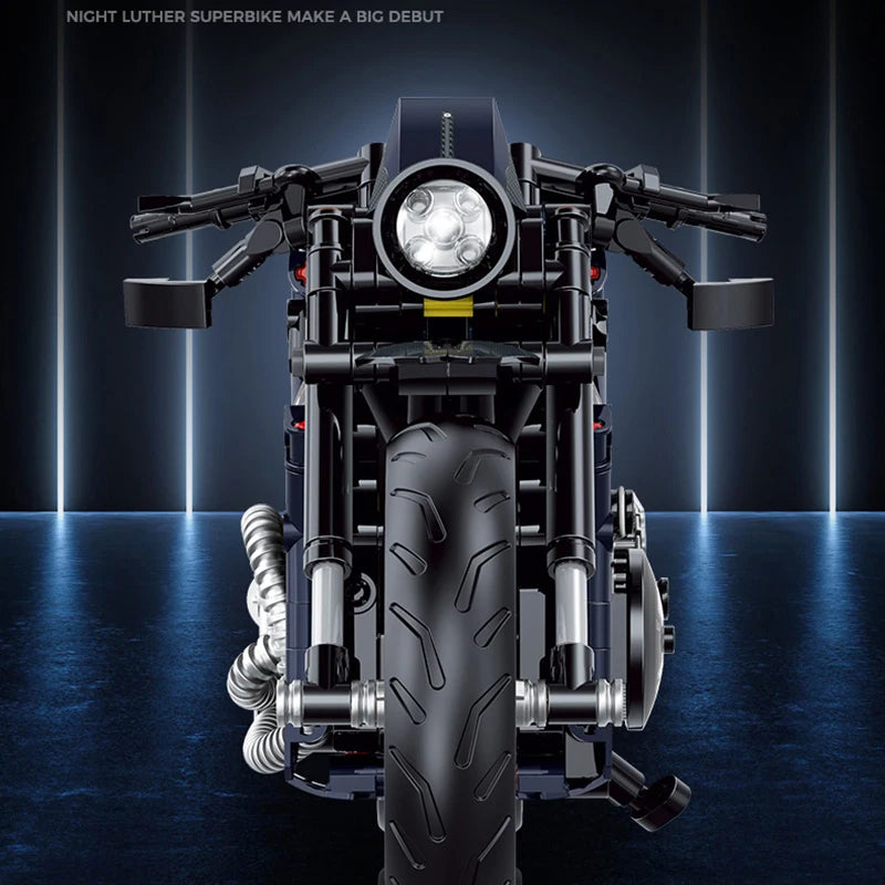 Black motorcycle model on a dark background with spotlight effect