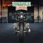 Motorcycle model with 'Vintage Book' logo in the background