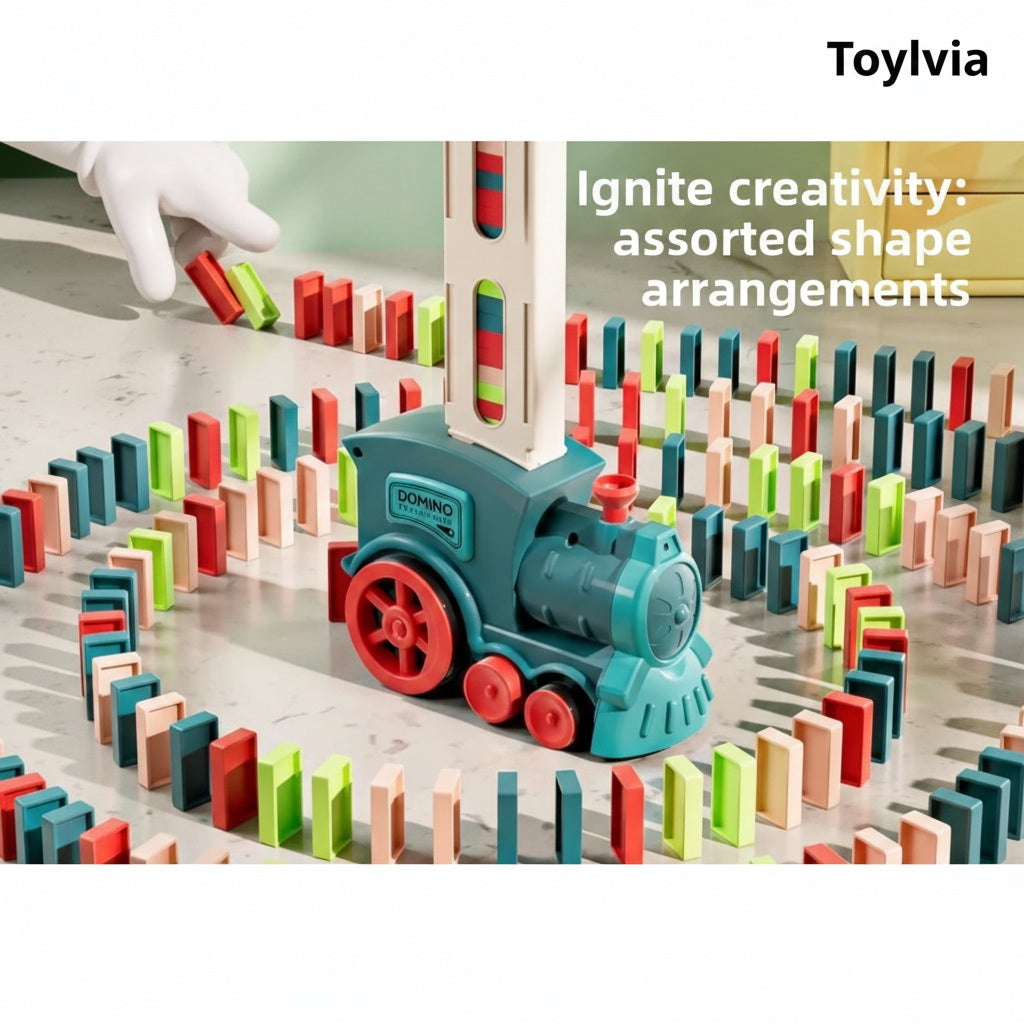 Blue electric domino train creating a large circular arrangement of colorful blocks on a marble floor