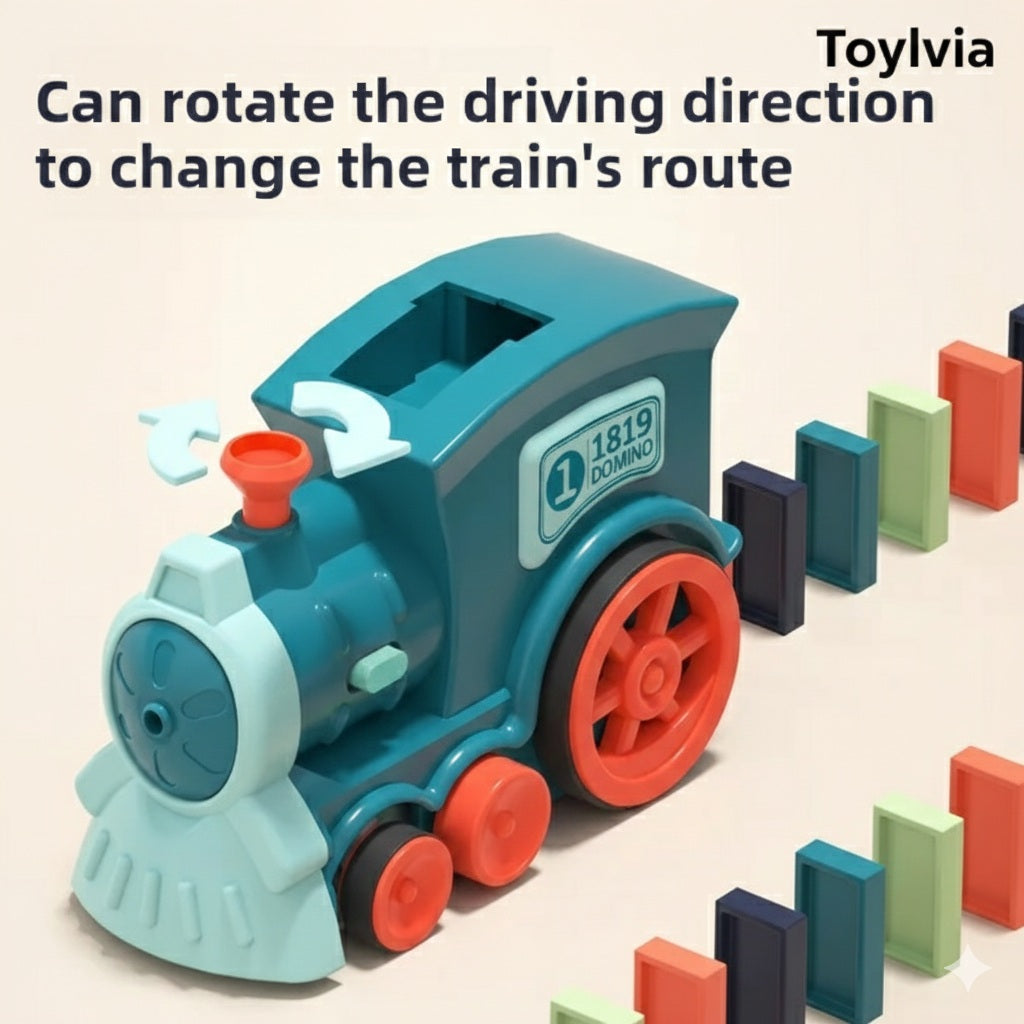 Close-up showing how to rotate the orange chimney to change the driving direction of the Toylvia domino train.