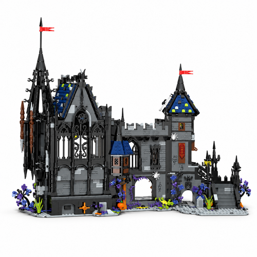 Dracula Castle 3,007-piece building block set, dark Gothic fortress with black spires, blue roof and orange details on white.