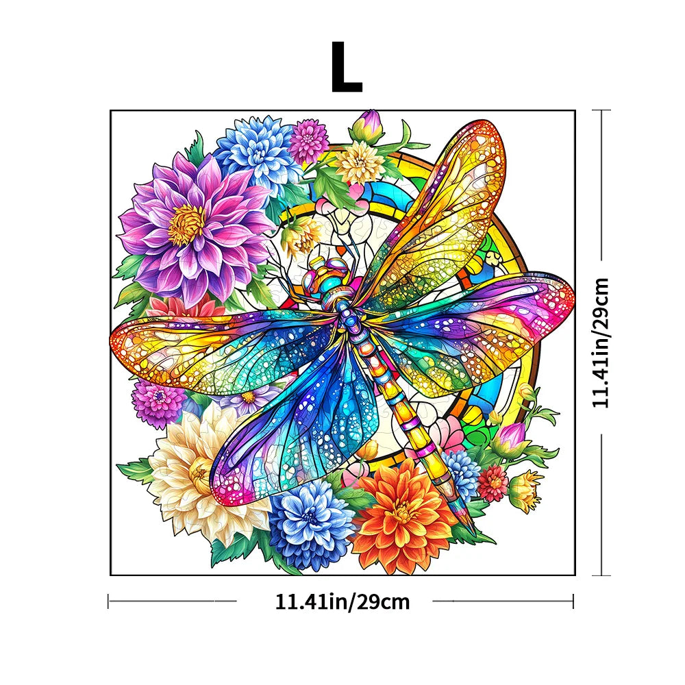 Colorful dragonfly and floral design with dimensions on a white background