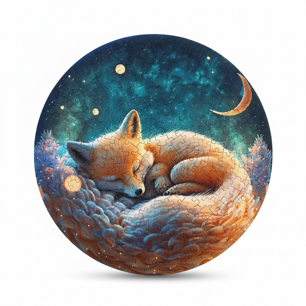 Sleeping Fox Wooden Jigsaw Puzzle Round Animal-Shaped Art Puzzle