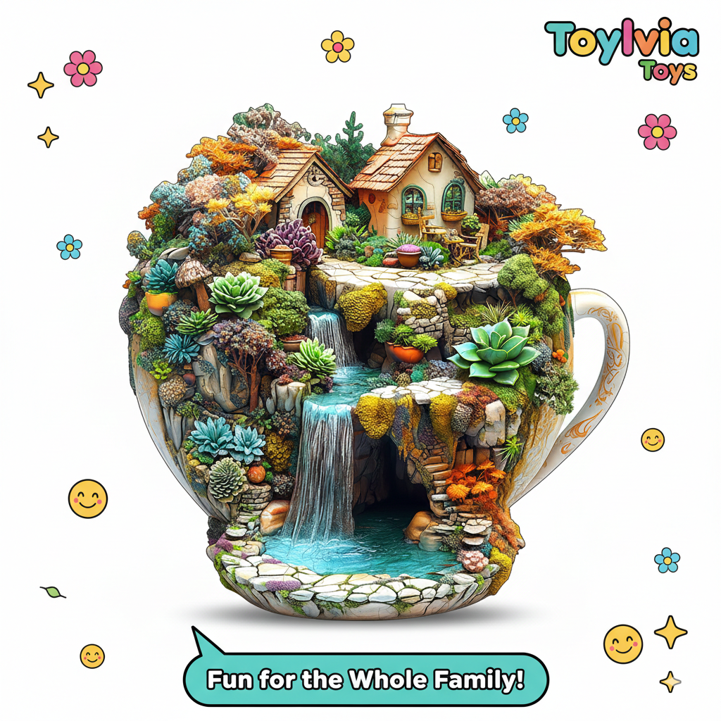 Toy with a miniature landscape inside a mug, featuring a house, trees, and a waterfall, branded 'ToyLivia Toys'.