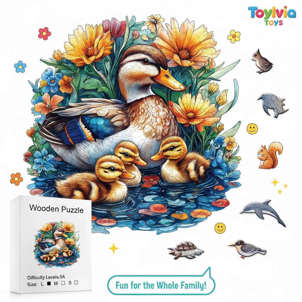 Wooden puzzle with ducks and flowers, featuring Toylovia Toys branding. Main image