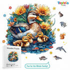 Duck Family & Flowers Wooden Jigsaw Puzzle - Unique Animal-Shaped Pieces