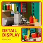 LEGO dining area set with detailed props on a yellow background