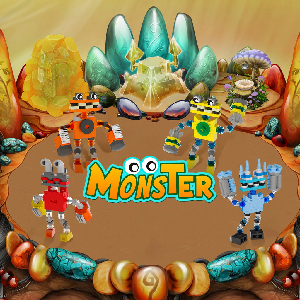 Colorful toy monsters with a 'Monster' logo on a brown background