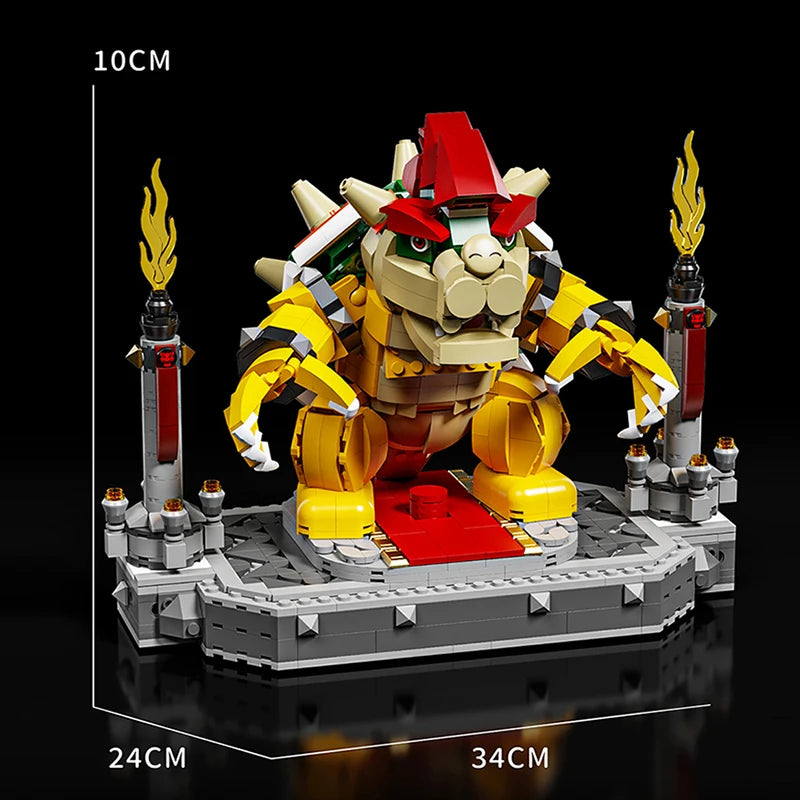 LEGO Bowser set with measurements on a black background