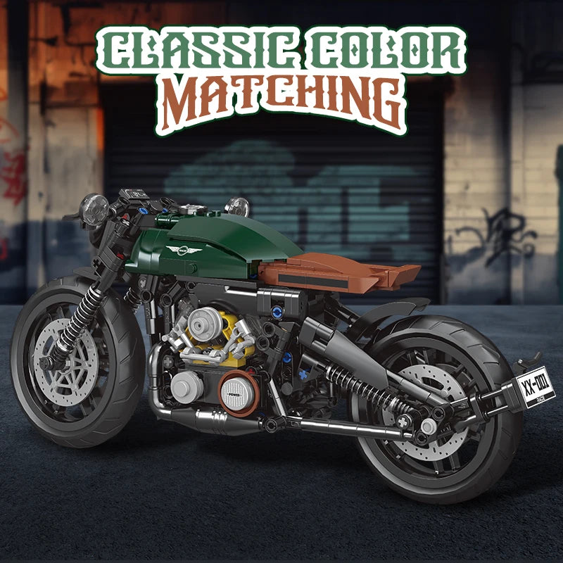 Model motorcycle with 'Classic Color Matching' text in a garage setting