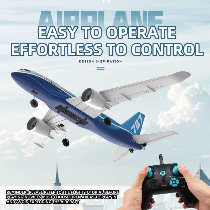 Model airplane with remote control against a sky background, text about ease of operation.