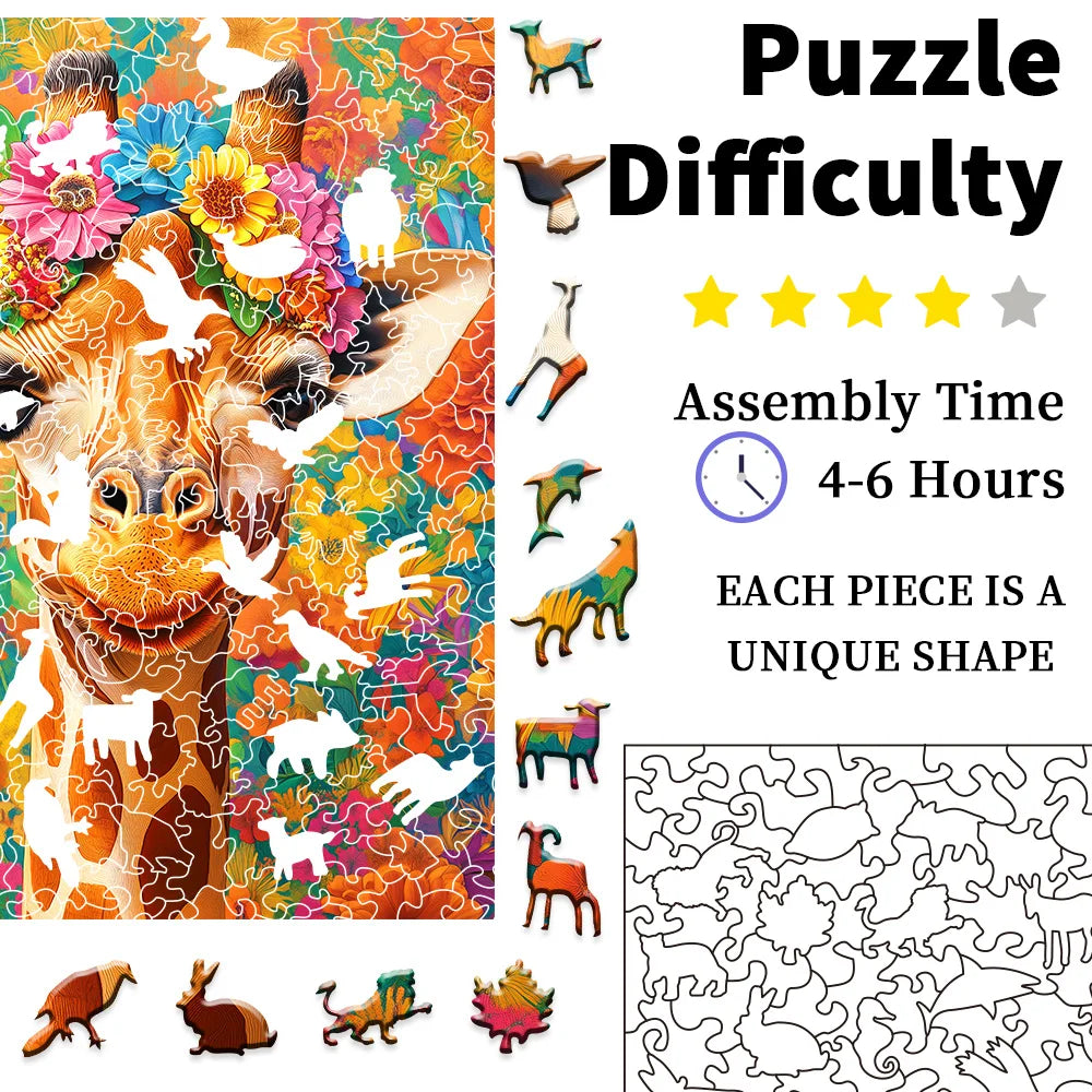 Jigsaw puzzle with a colorful design of a giraffe and flowers, featuring assembly time and piece uniqueness information.