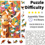 Jigsaw puzzle with a colorful design of a giraffe and flowers, featuring assembly time and piece uniqueness information.