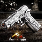 Decorative handgun with intricate patterns on a dark background