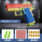 Colorful toy gun with measurements and accessories on a dark background