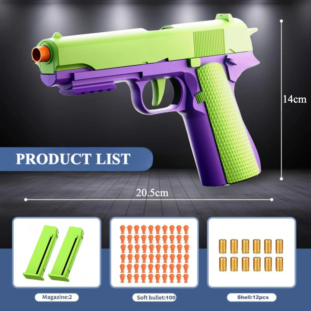 Toy gun with green and purple design, accompanied by magazine, soft bullets, and shell quantities on a dark background.