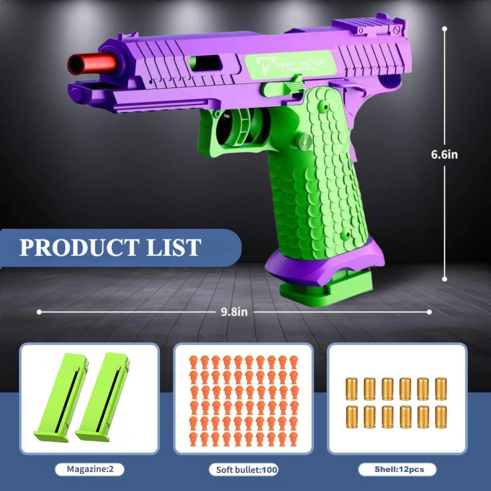 Toy gun with green and purple design on a dark background