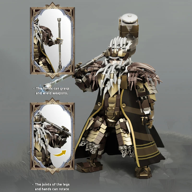 Mechanical figure with articulated joints and weapons on a gray background