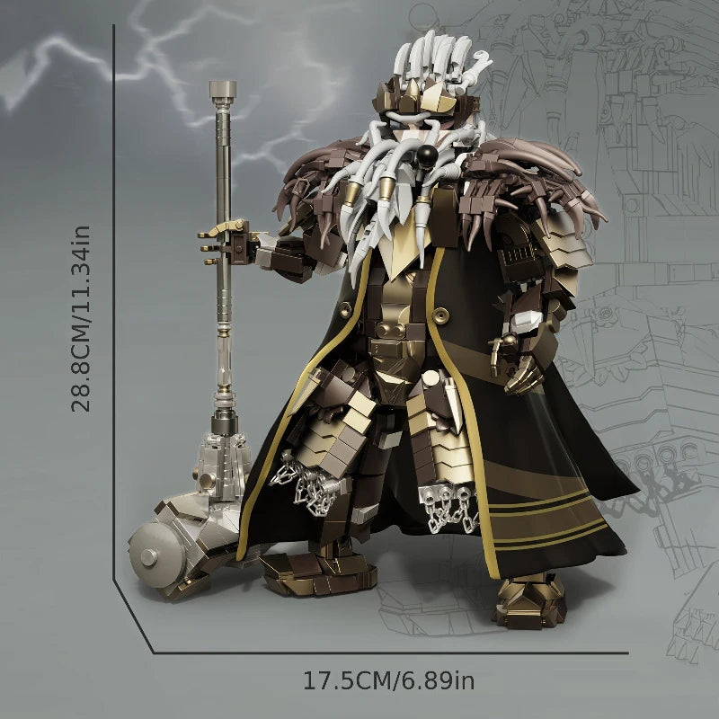 Detailed figurine with measurements on a gray background