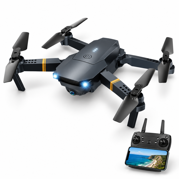 Dark E58 folding camera drone with amber arm stripes and matching phone-mounted controller at bottom right.