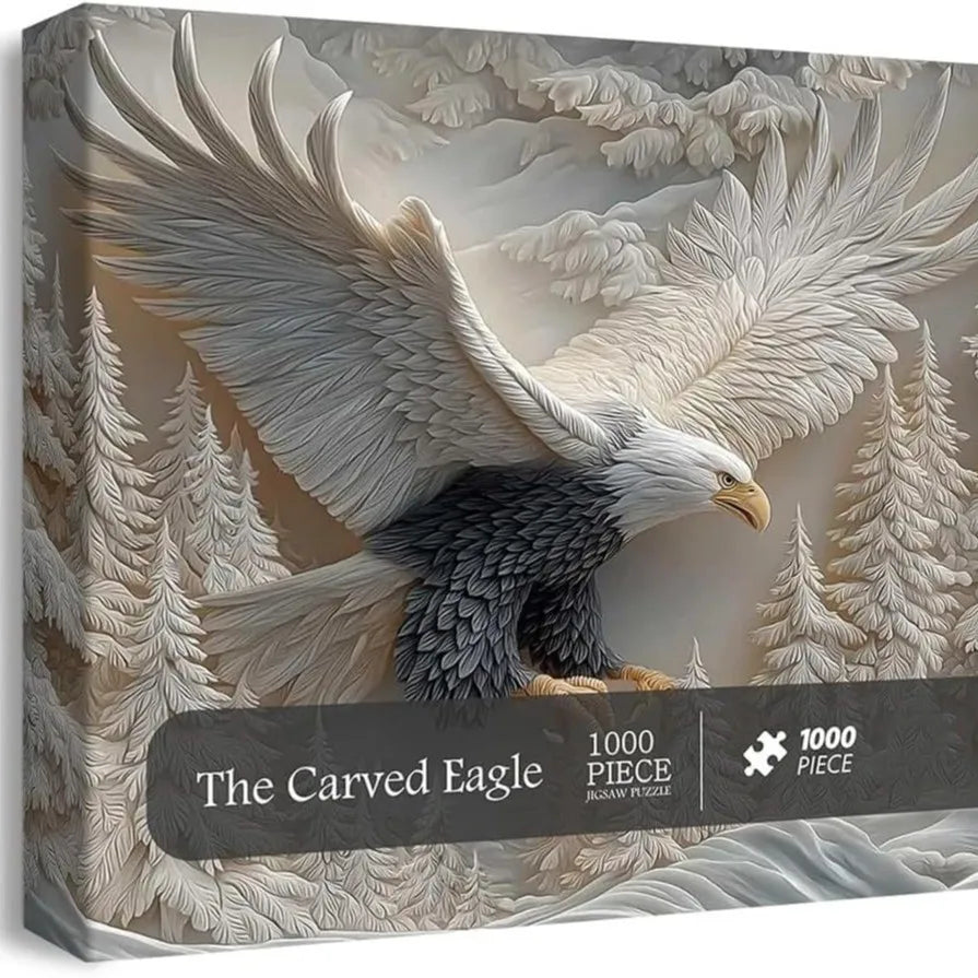 Jigsaw puzzle box featuring a carved eagle design with trees in the background