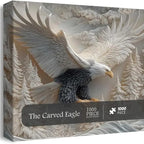 Jigsaw puzzle box featuring a carved eagle design with trees in the background