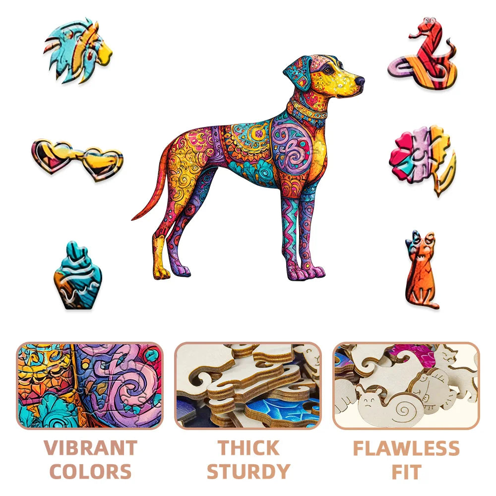 Colorful dog-shaped wooden puzzle with various puzzle pieces displayed around it.