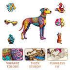 Colorful dog-shaped wooden puzzle with various puzzle pieces displayed around it.