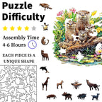 Jigsaw puzzle with animals and assembly details on a white background
