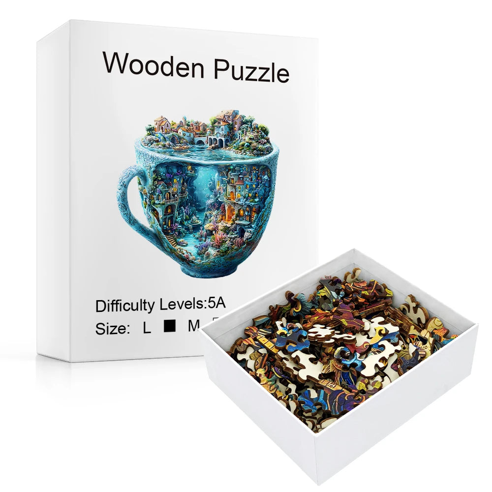 Wooden puzzle set with box featuring a cup and cityscape design.