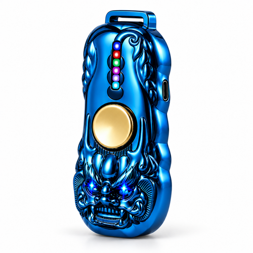 Blue Ice EDC rechargeable fidget spinner lighter, straight vertical centered studio image