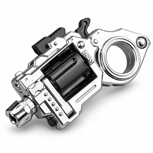 Bright Silver metal revolver fidget spinner ring toy with a black rotating cylinder.