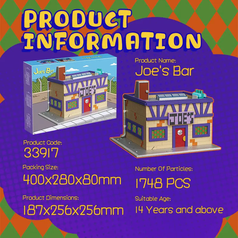 Product information for a model building kit of 'Joe's Bar' with packaging and assembled model displayed on a colorful background.