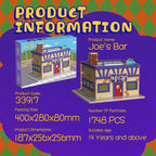 Product information for a model building kit of 'Joe's Bar' with packaging and assembled model displayed on a colorful background.