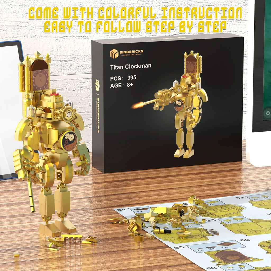 Gold robot model with colorful instruction manual on a wooden surface