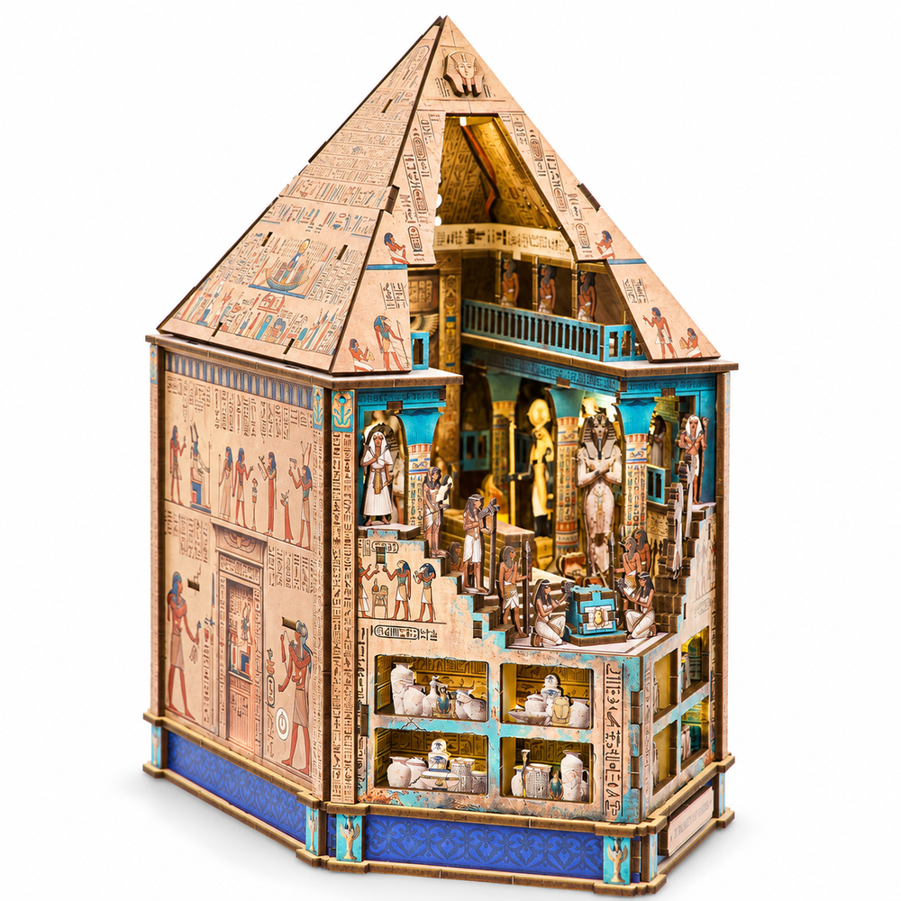 Egyptian Pharaoh Mummy 3D wooden book nook puzzle, assembled pyramid temple viewed from the front-left on white